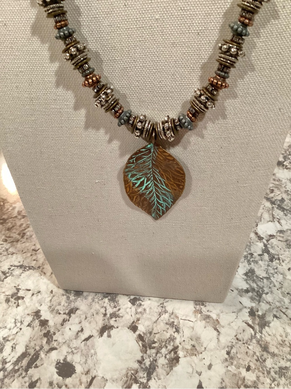 Artisan Crafted Bohemian Brown and Turquoise Metal Leaf Pendant Necklace - Picture 5 of 7